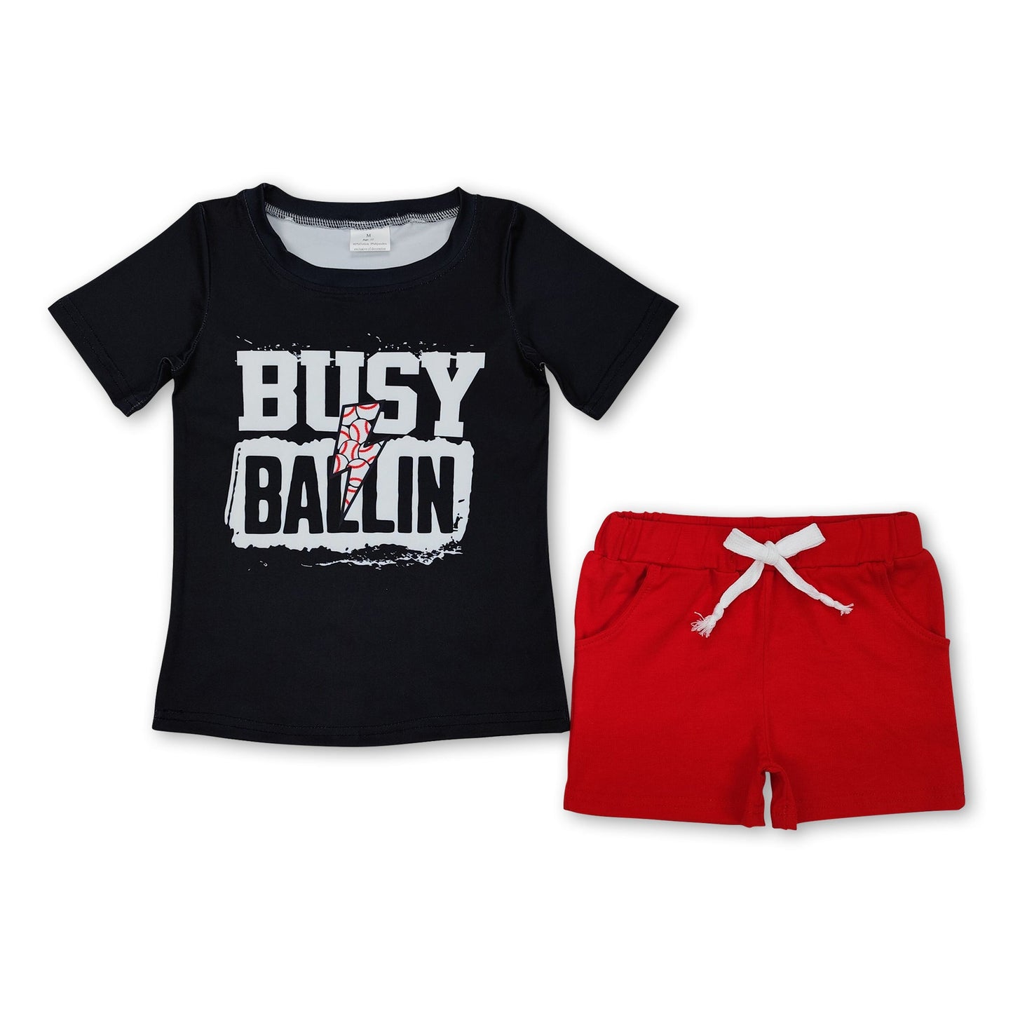 Black busy ballin baseball top red shorts boys clothes