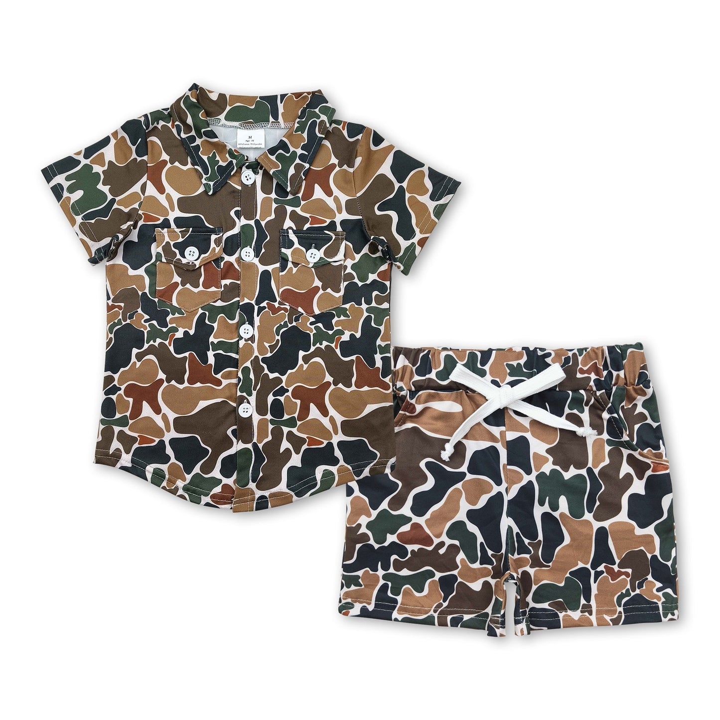 Brown camo pockets button down shirt shorts boys clothes