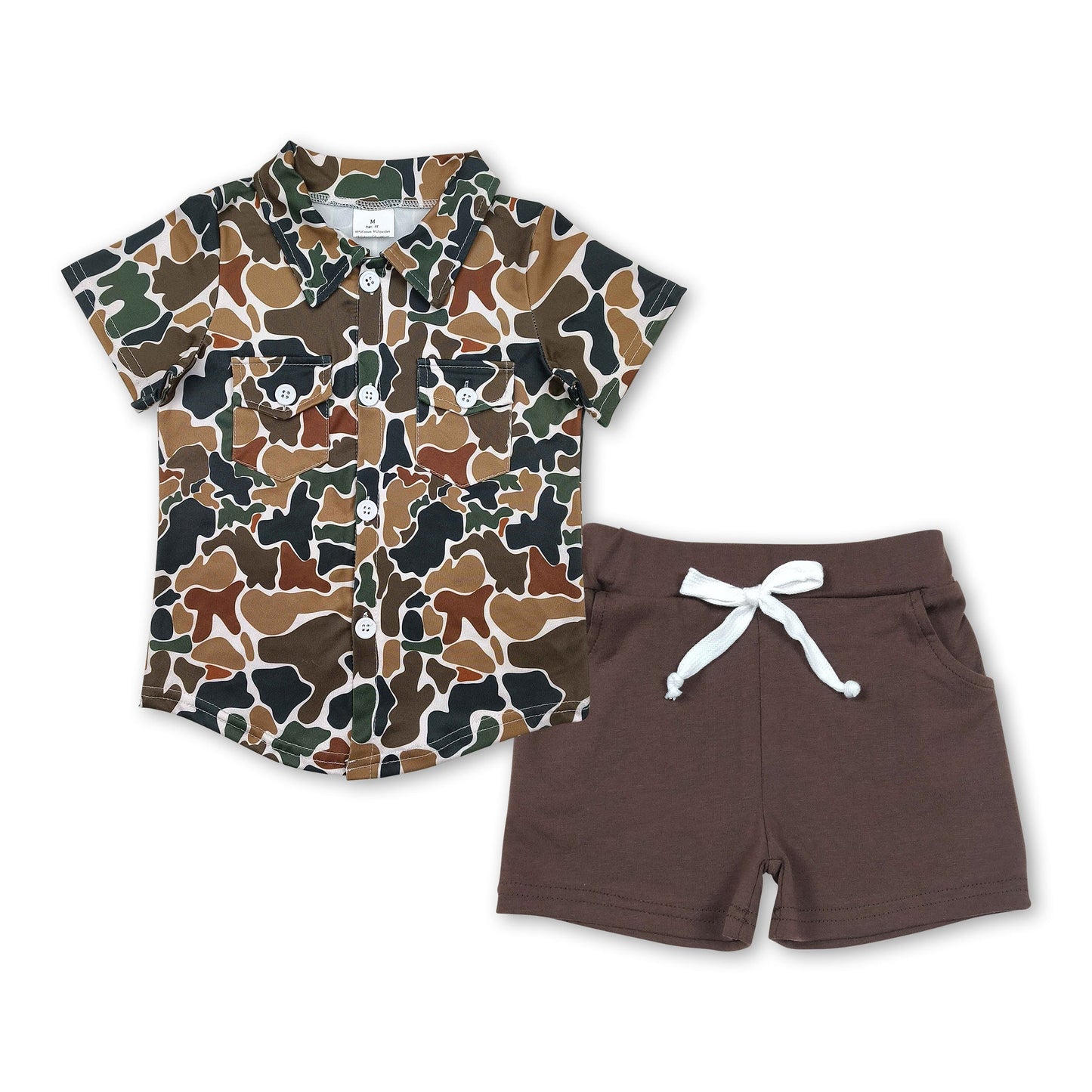 Camo pockets button down top brown shorts boys set