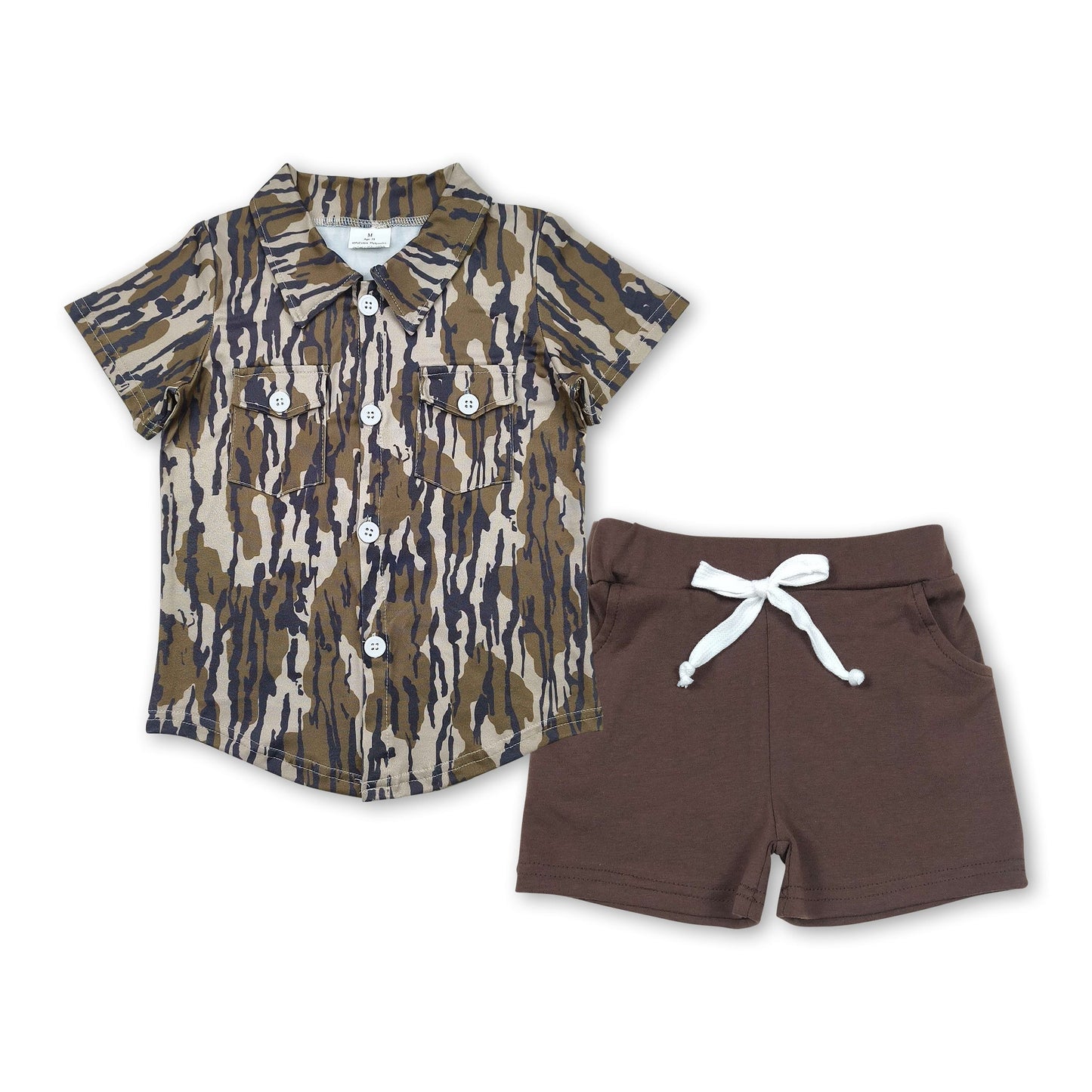 Camo button down top brown shorts boys set