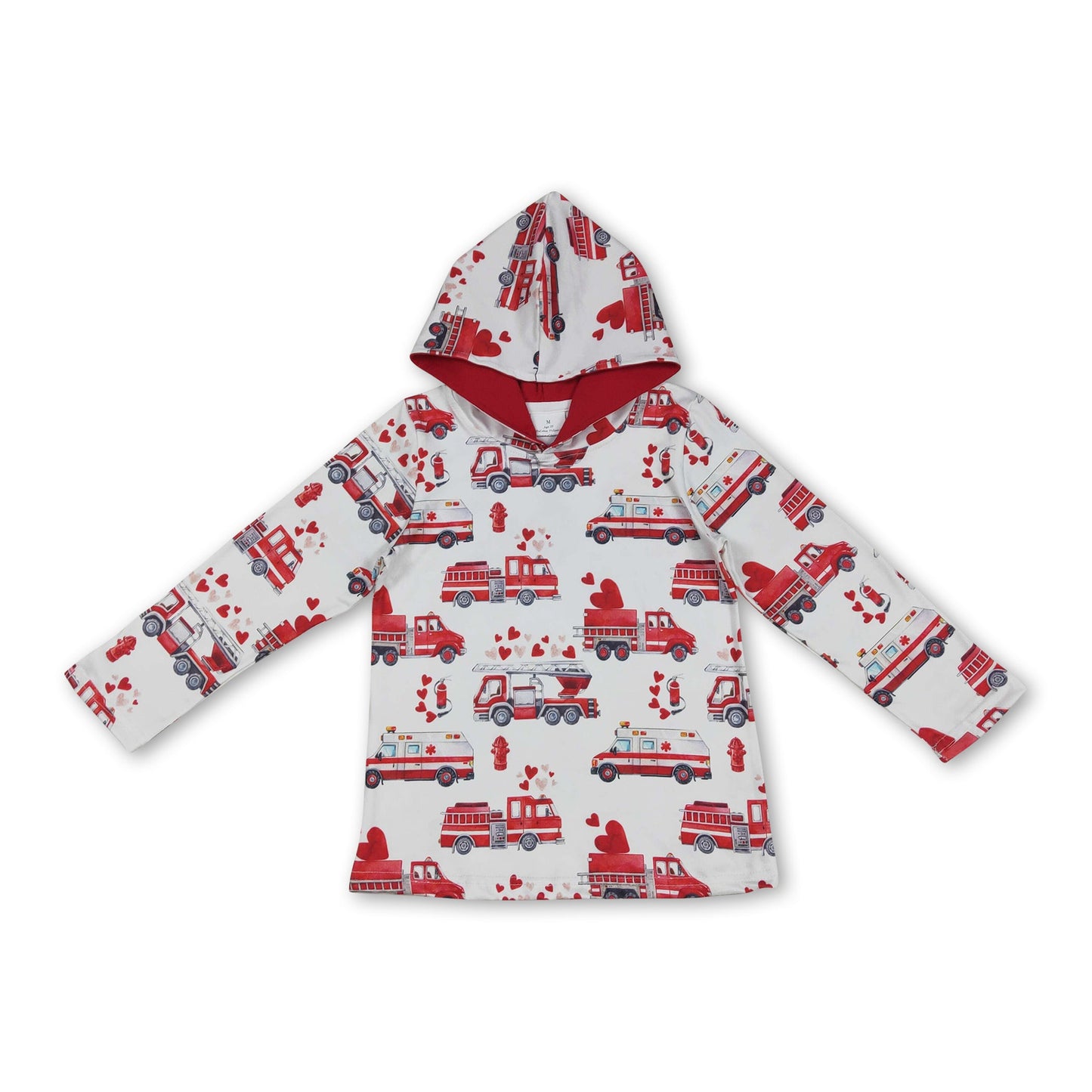Long sleeves red heart fire truck boys Valentine's hoodie