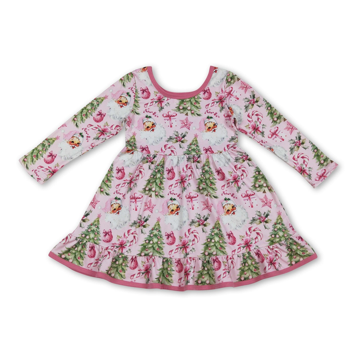 Long sleeves santa candy cane bow ruffle girls Christmas dress
