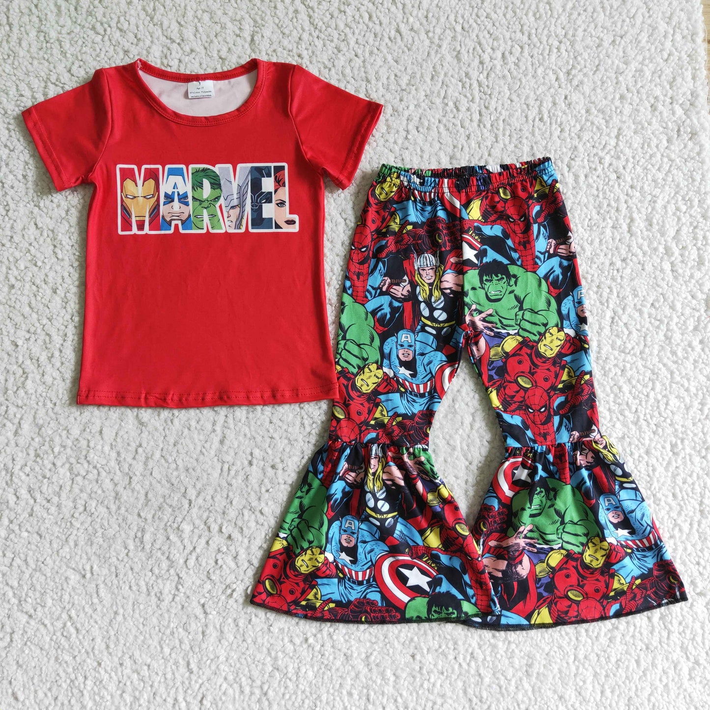 Green hero bell bottom pants red shirt girls clothes
