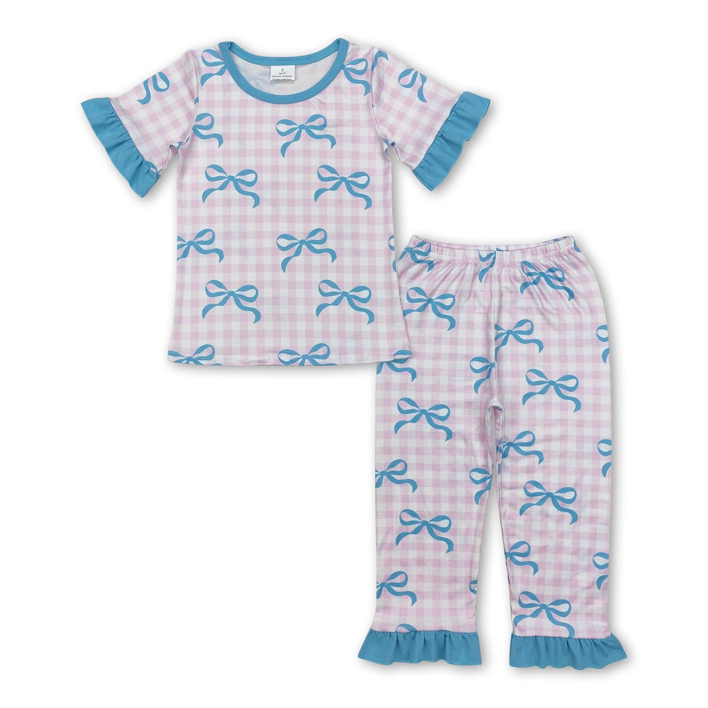 Short sleeves pink plaid bow baby girls pajamas