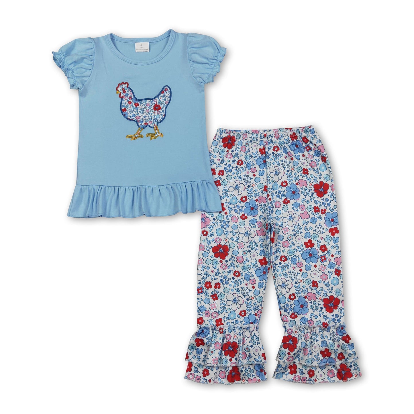 Floral chicken embroidery top ruffle pants girls outfits