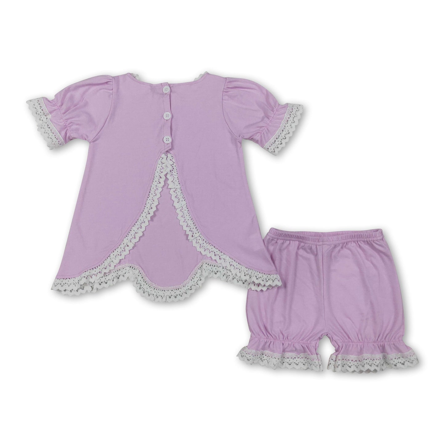 Short sleeves pink cotton lace top shorts girls summer outfits