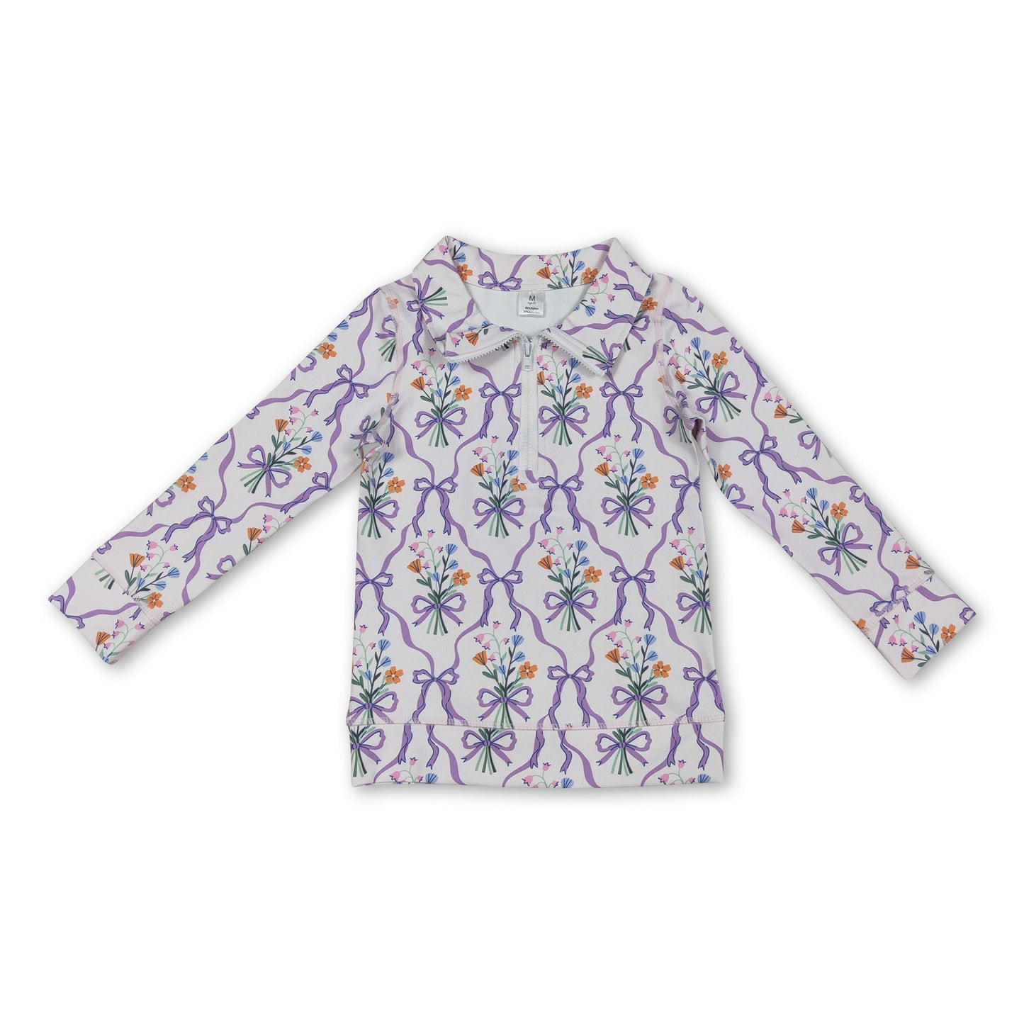 Purple bow floral kids girls zipper active yoga pullover