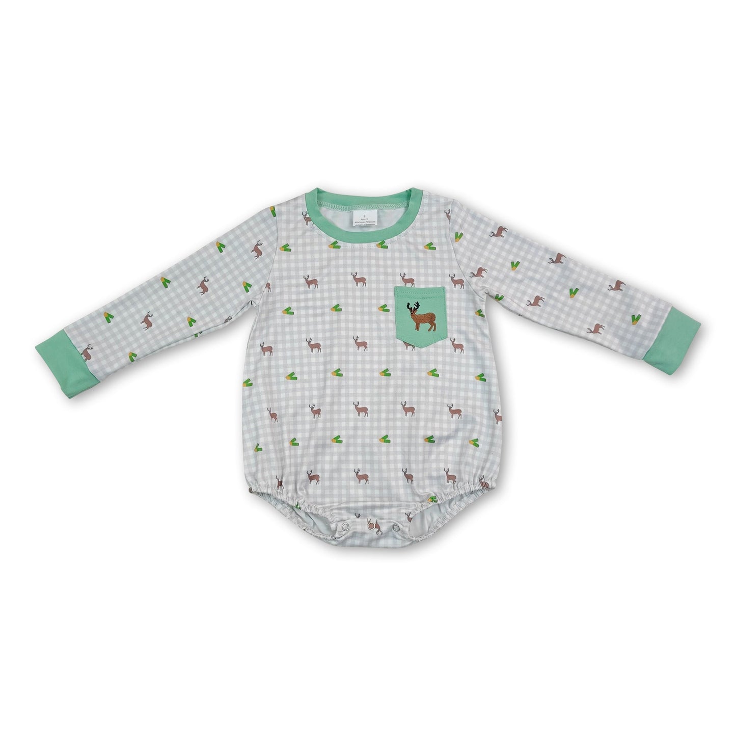 Long sleeves deer embroidery pocket plaid baby boy romper
