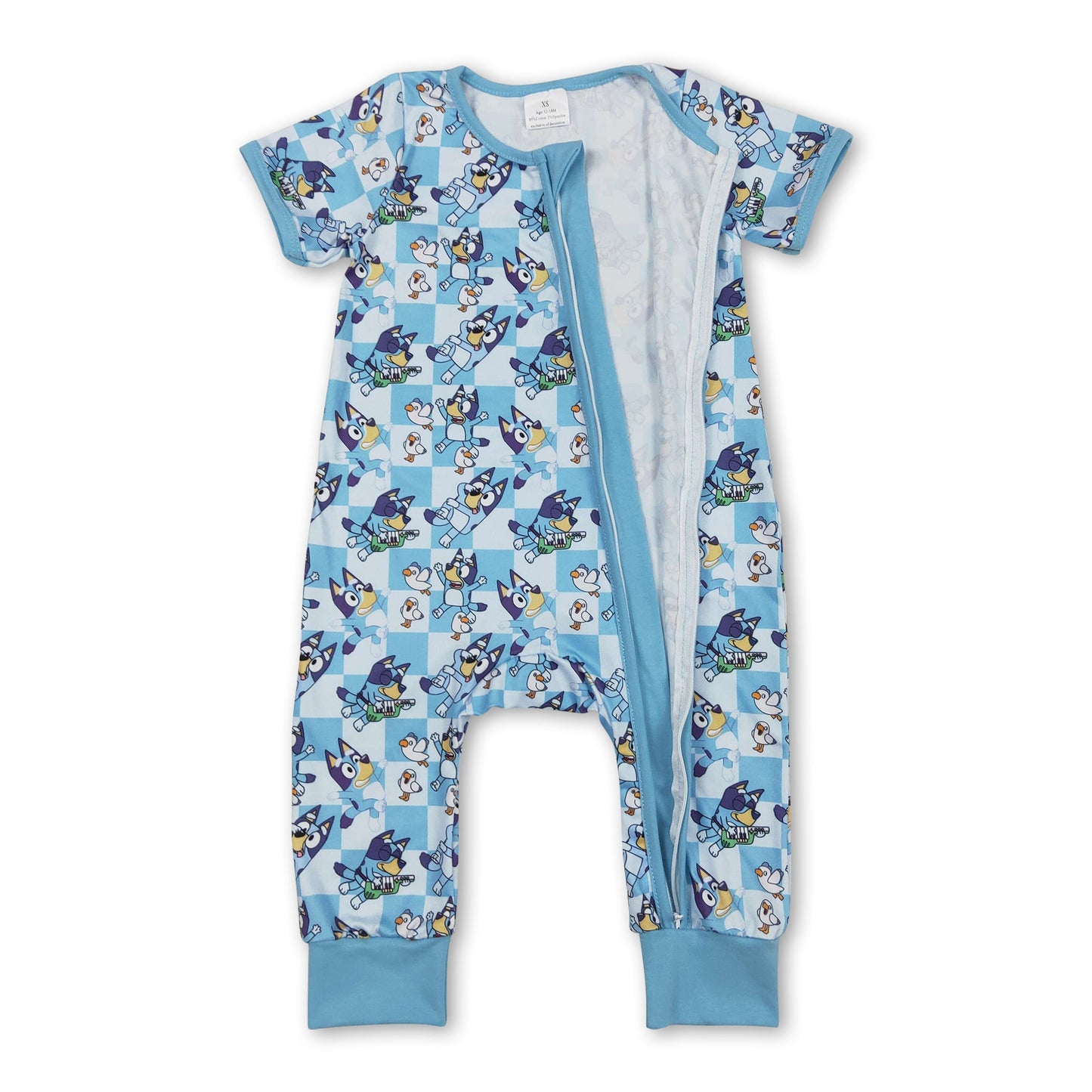 Blue short sleeves plaid dog baby kids zipper romper