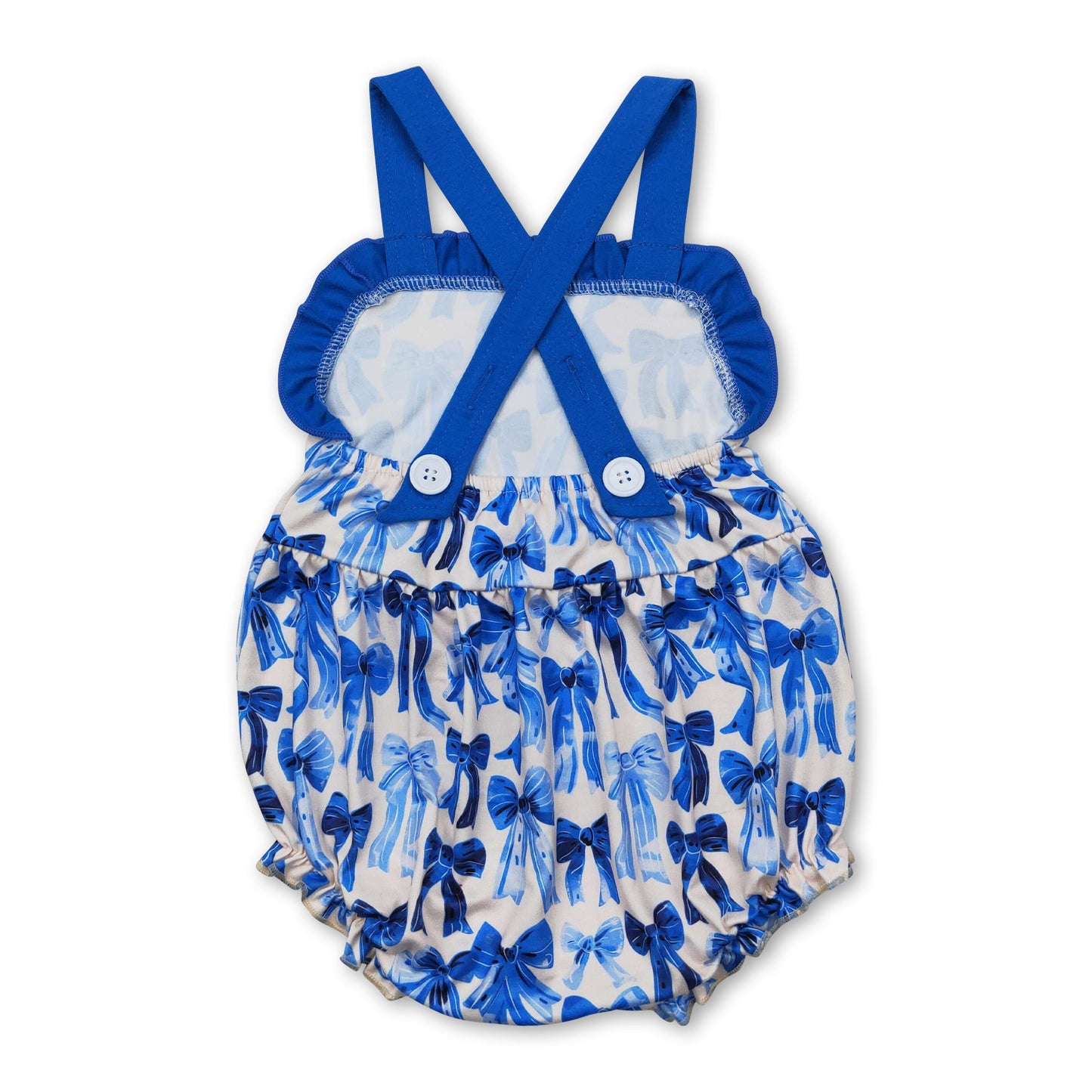 Blue ruffle straps bows baby girls summer romper