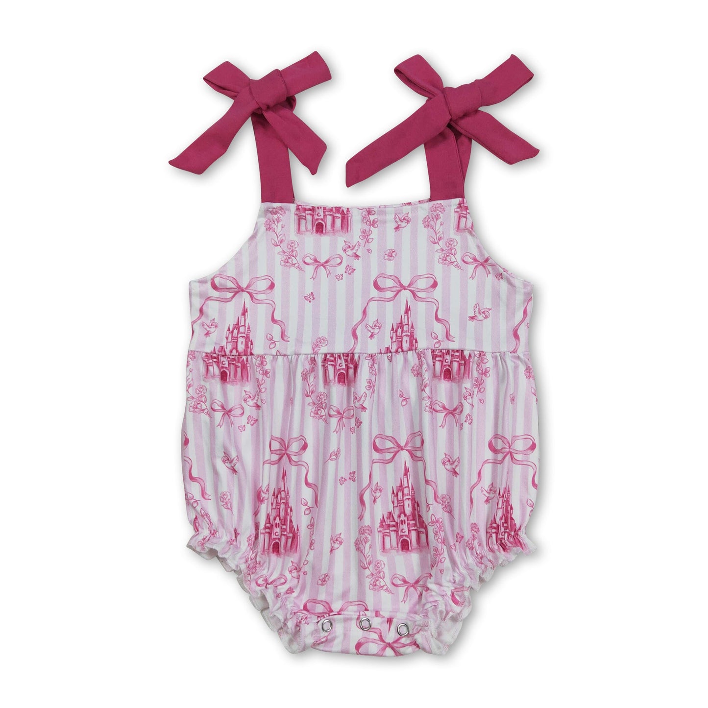 Pink straps castle floral bow baby girls romper