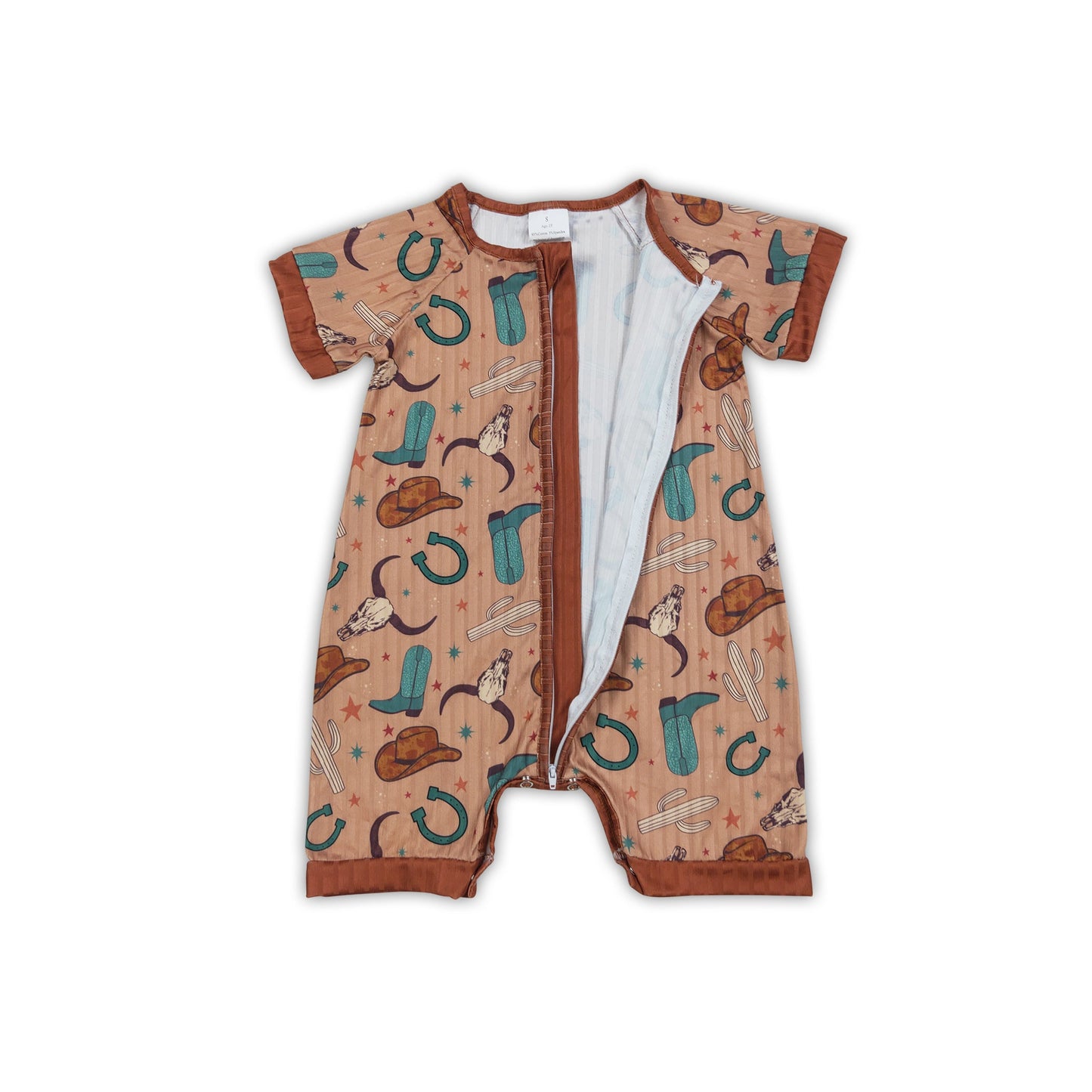 Short sleeves brown bull skull western baby zipper romper