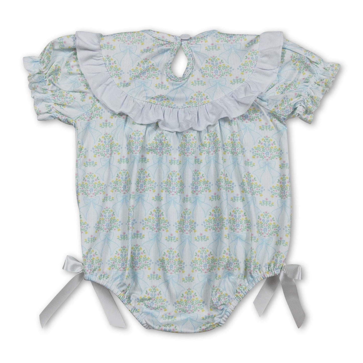 Short sleeves light blue bow smocked floral baby girls romper