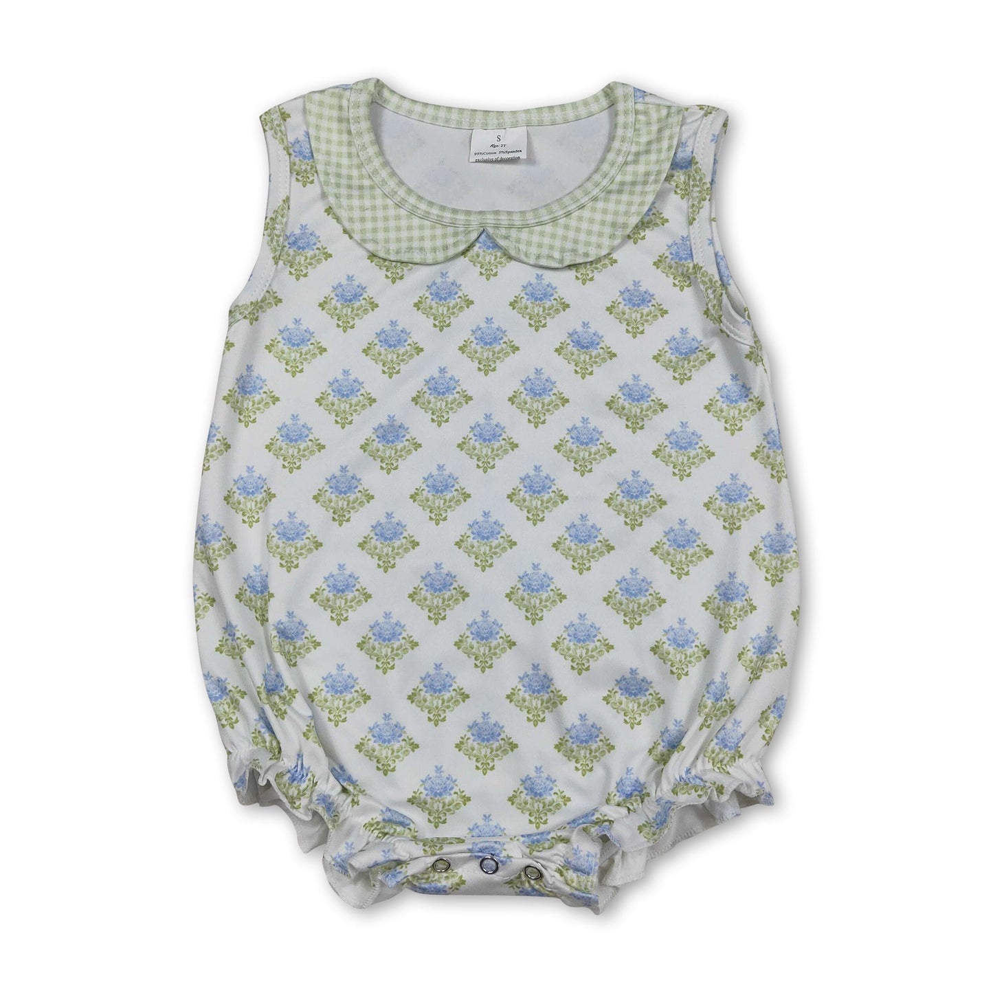 Sleeveless green light blue floral baby girls summer romper