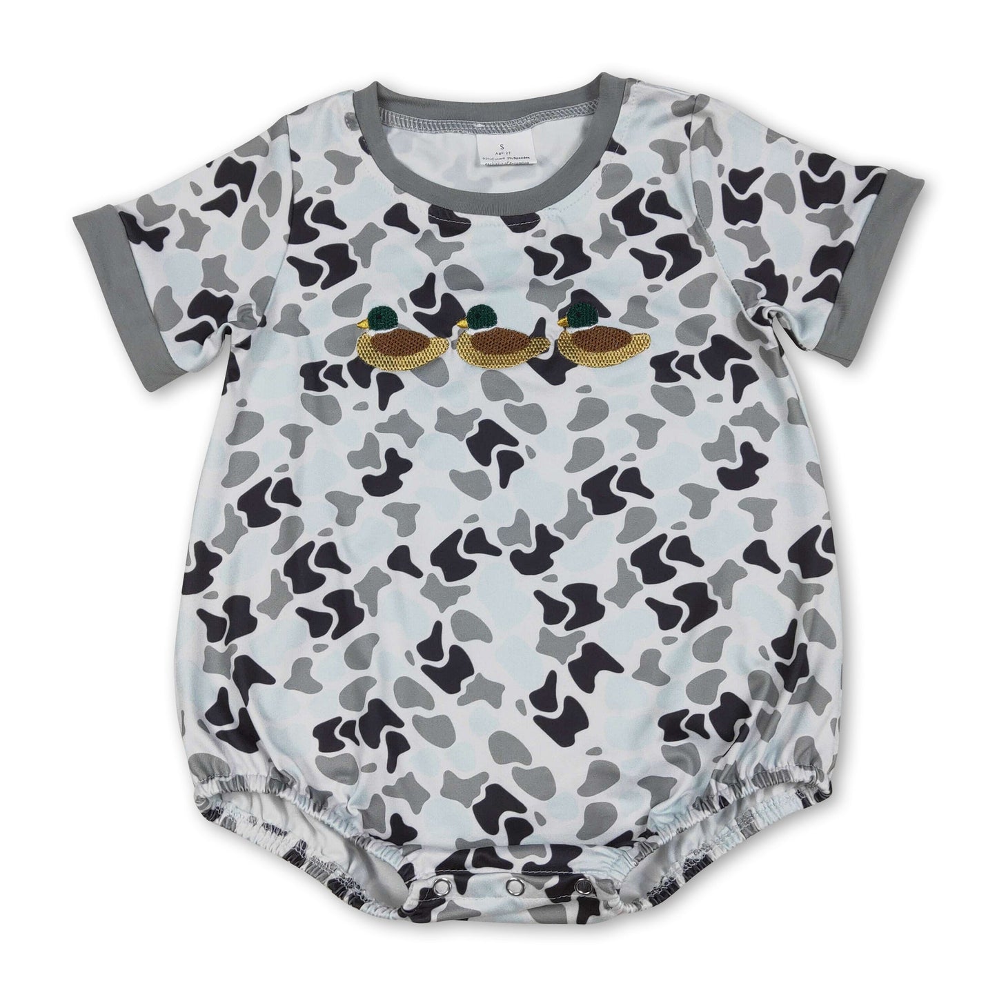 Grey short sleeves camo duck baby boy romper