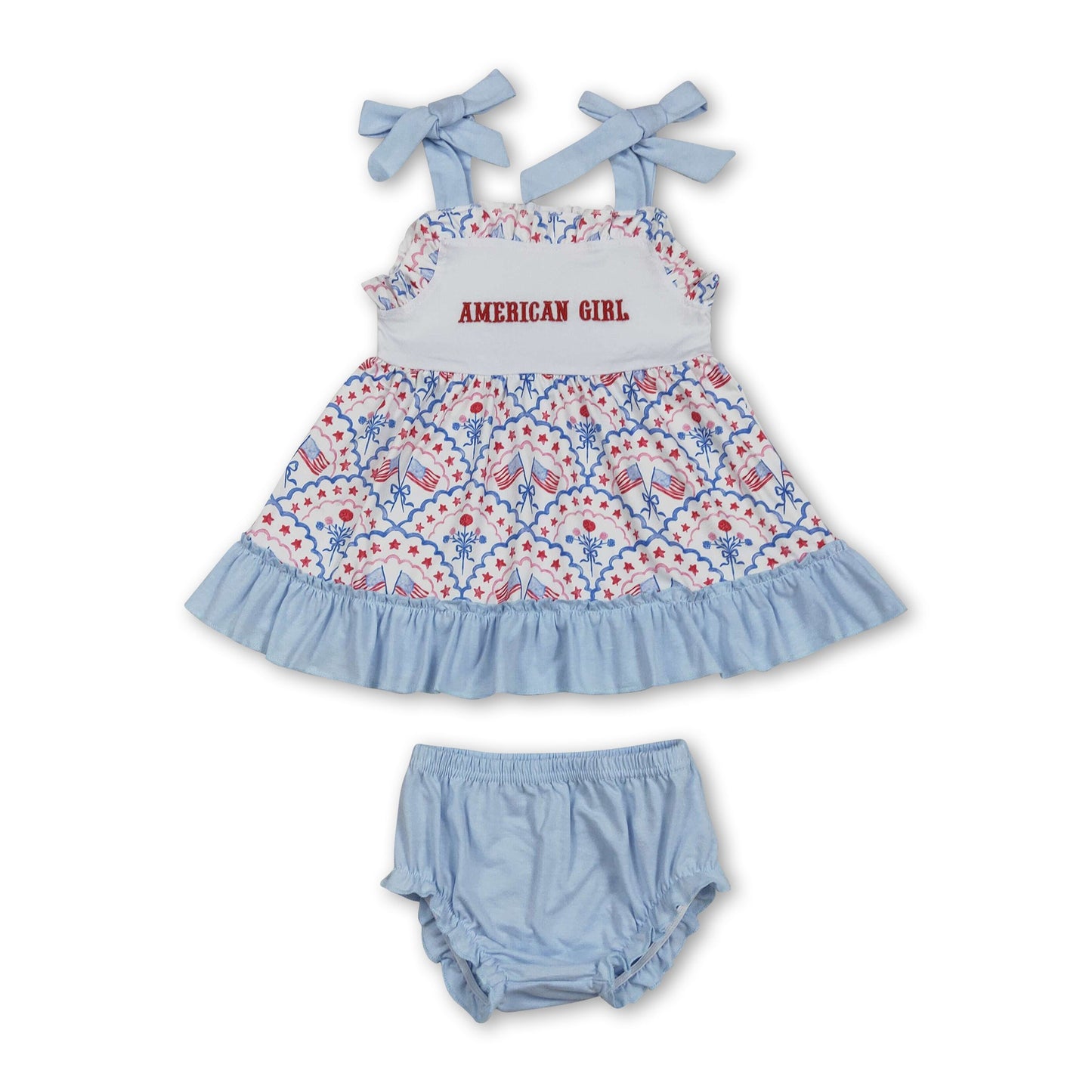 American girl flag floral bow baby girls 4th of july bummies set