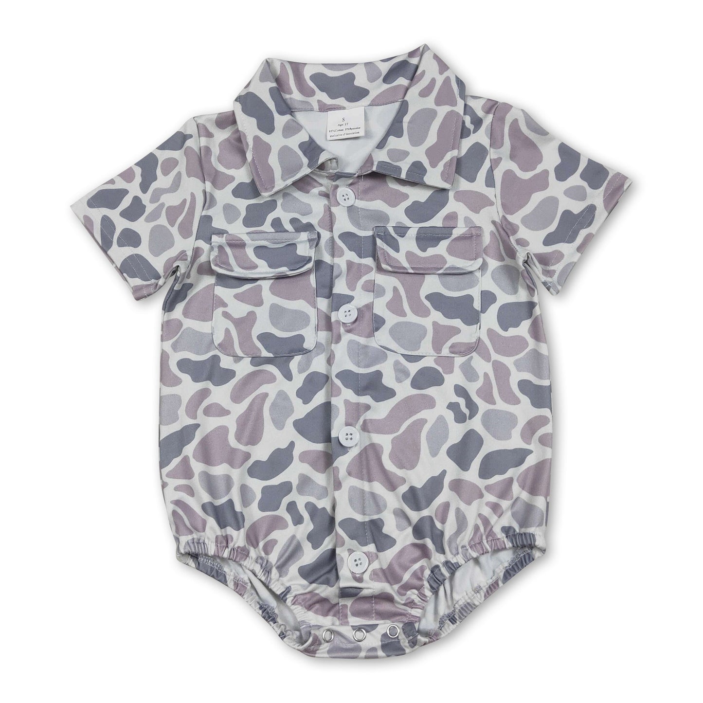 Short sleeves grey camo pockets baby boy button romper