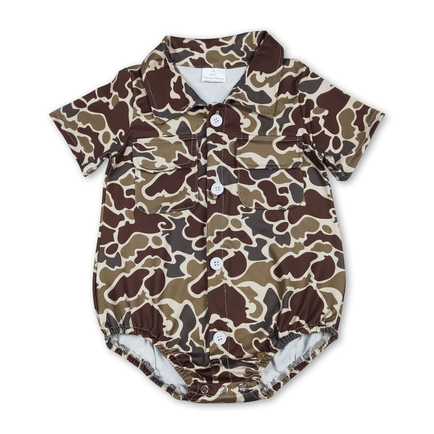 Short sleeves camo print pockets baby boy button romper