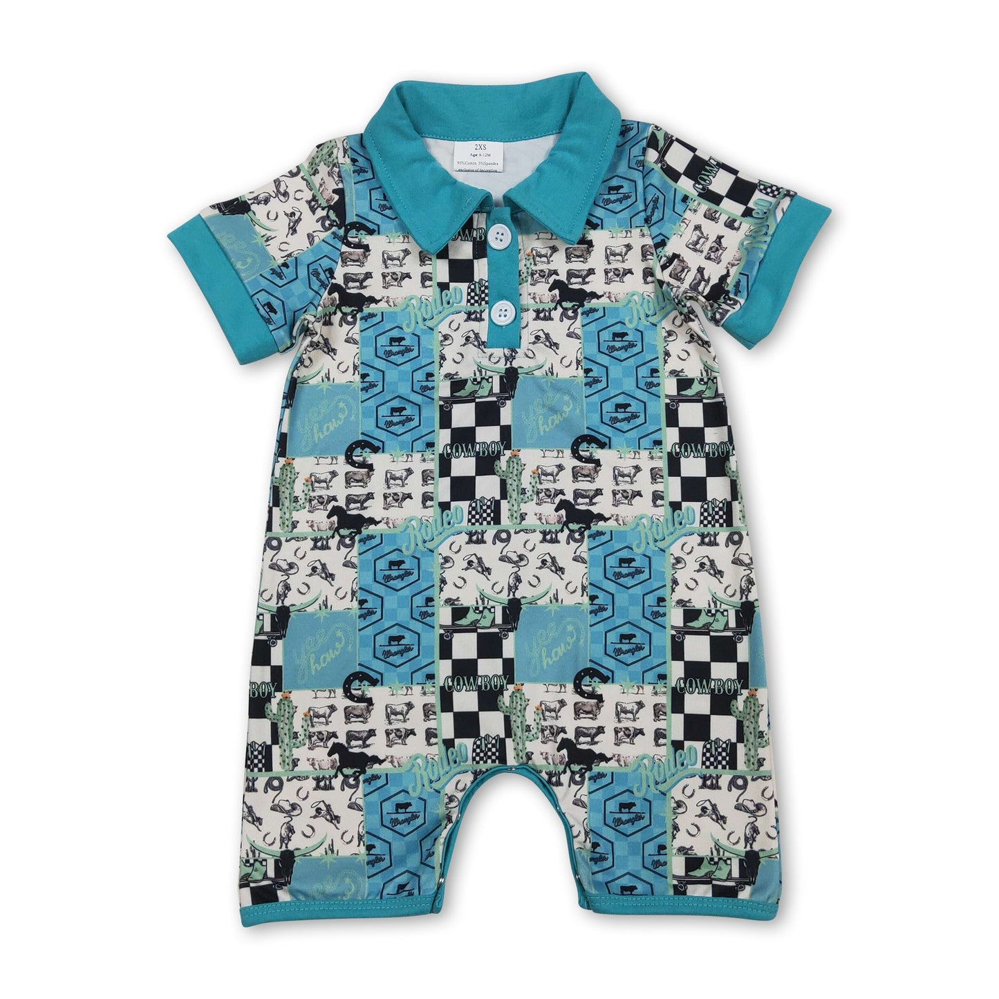 Short sleeves cows cactus western baby boy polo romper