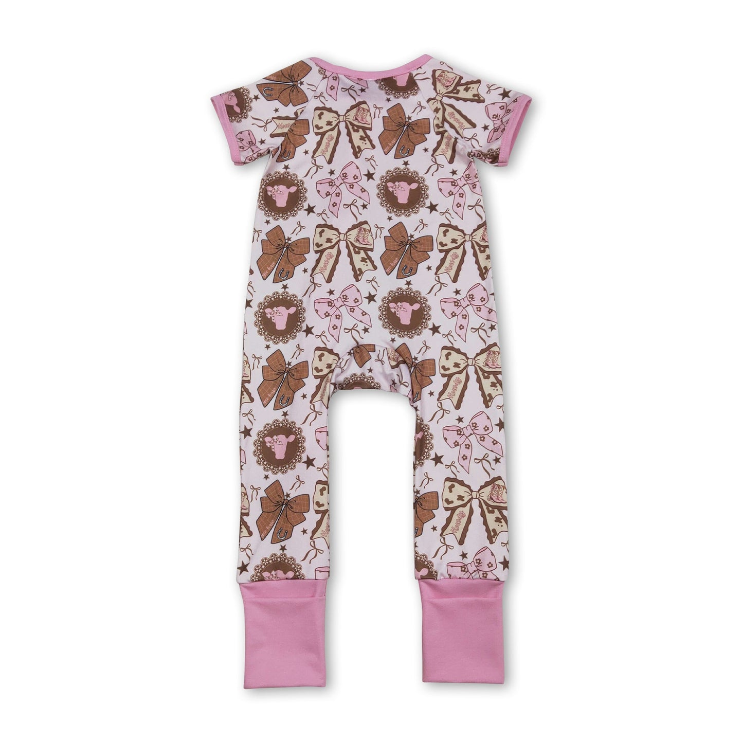 Pink short sleeves bow cow baby girls zipper romper