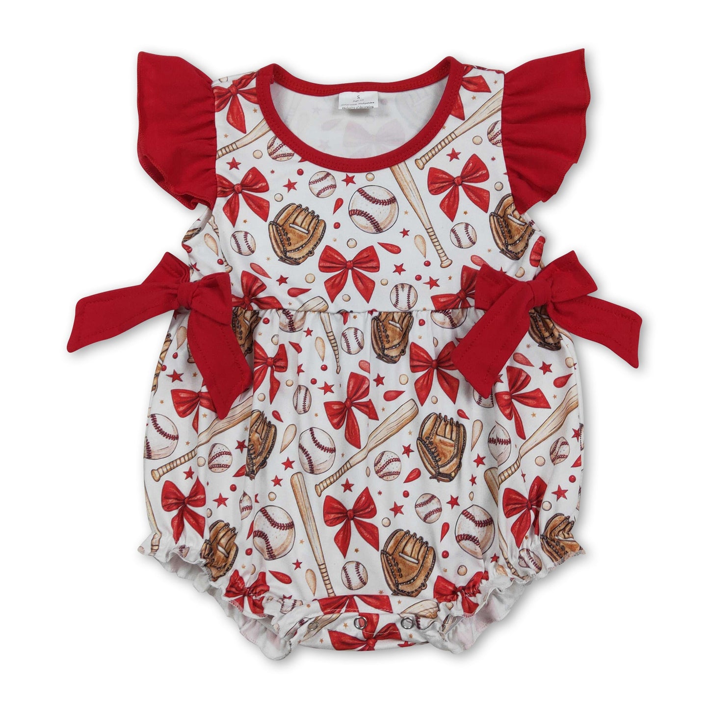 Flutter sleeves red bow baseball baby girls romper