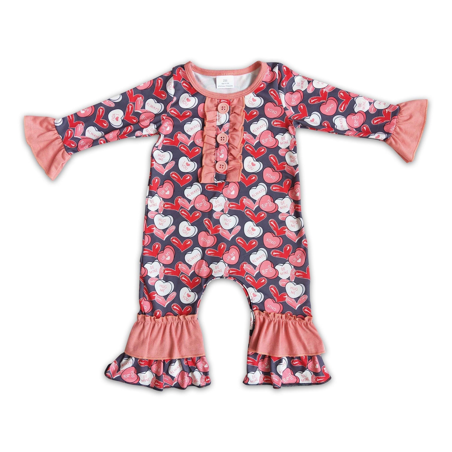 Heart print long sleeve baby girls valentine's romper