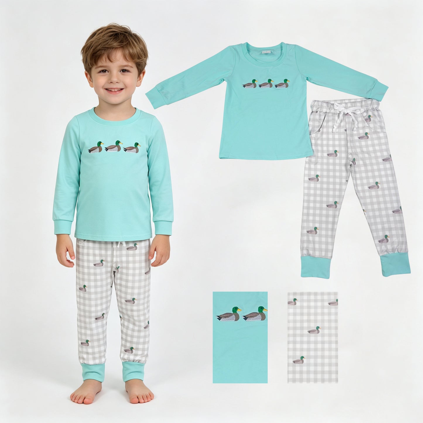 Long sleeves duck embroidery plaid pants kids boys outfits