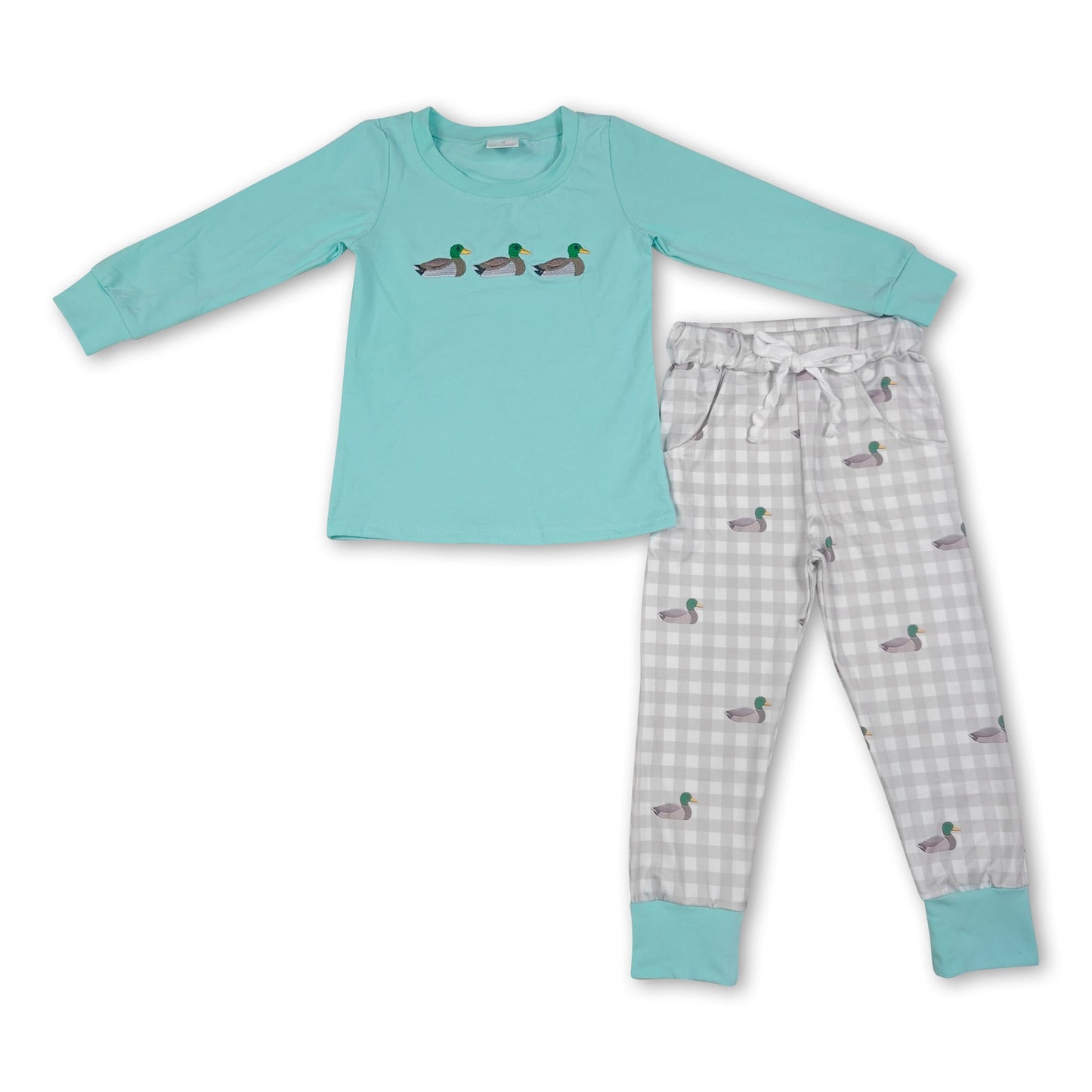 Long sleeves duck embroidery plaid pants kids boys outfits