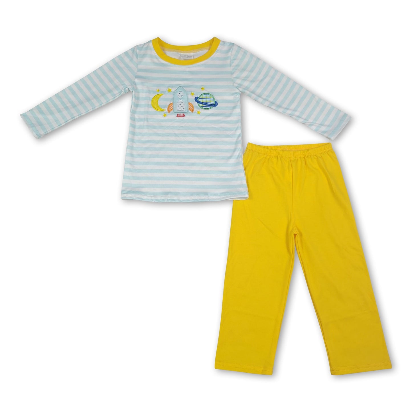 Stripe moon rocket embroidery top pants boys outfits