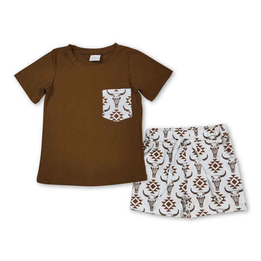 Brown pocket top aztec bull skull shorts western boys clothes
