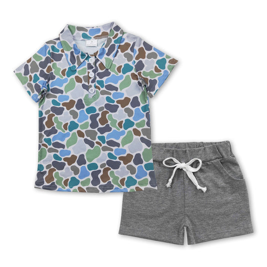 Green camo polo shirt grey shorts kids boys clothes