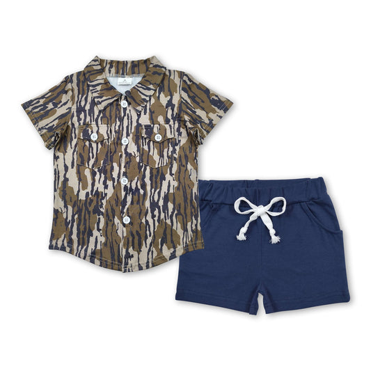 Camo button down top navy shorts boys set