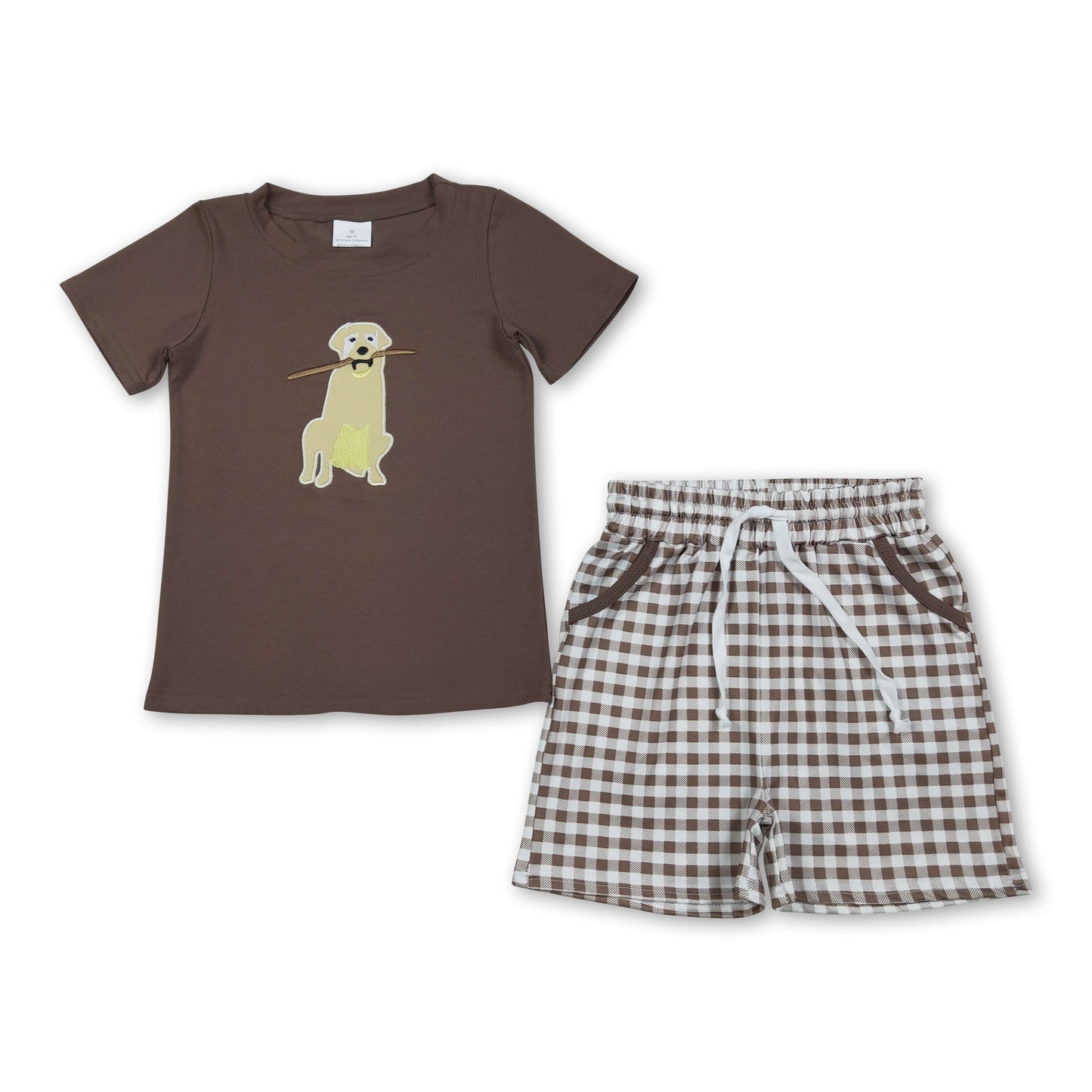 Short sleeves brown dog top plaid shorts boys clothes
