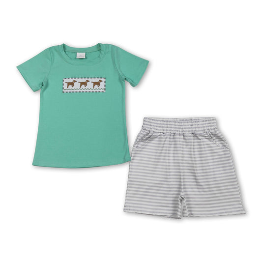 Dog embroidery top stripe shorts kids boys outfits