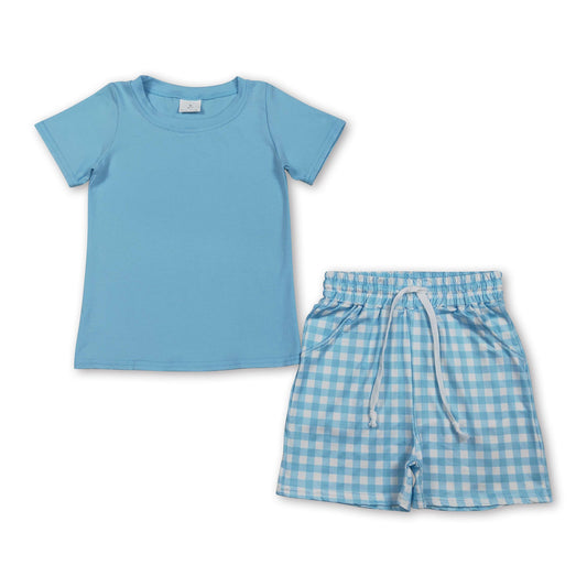 Short sleeves light blue top plaid shorts boys summer outfits