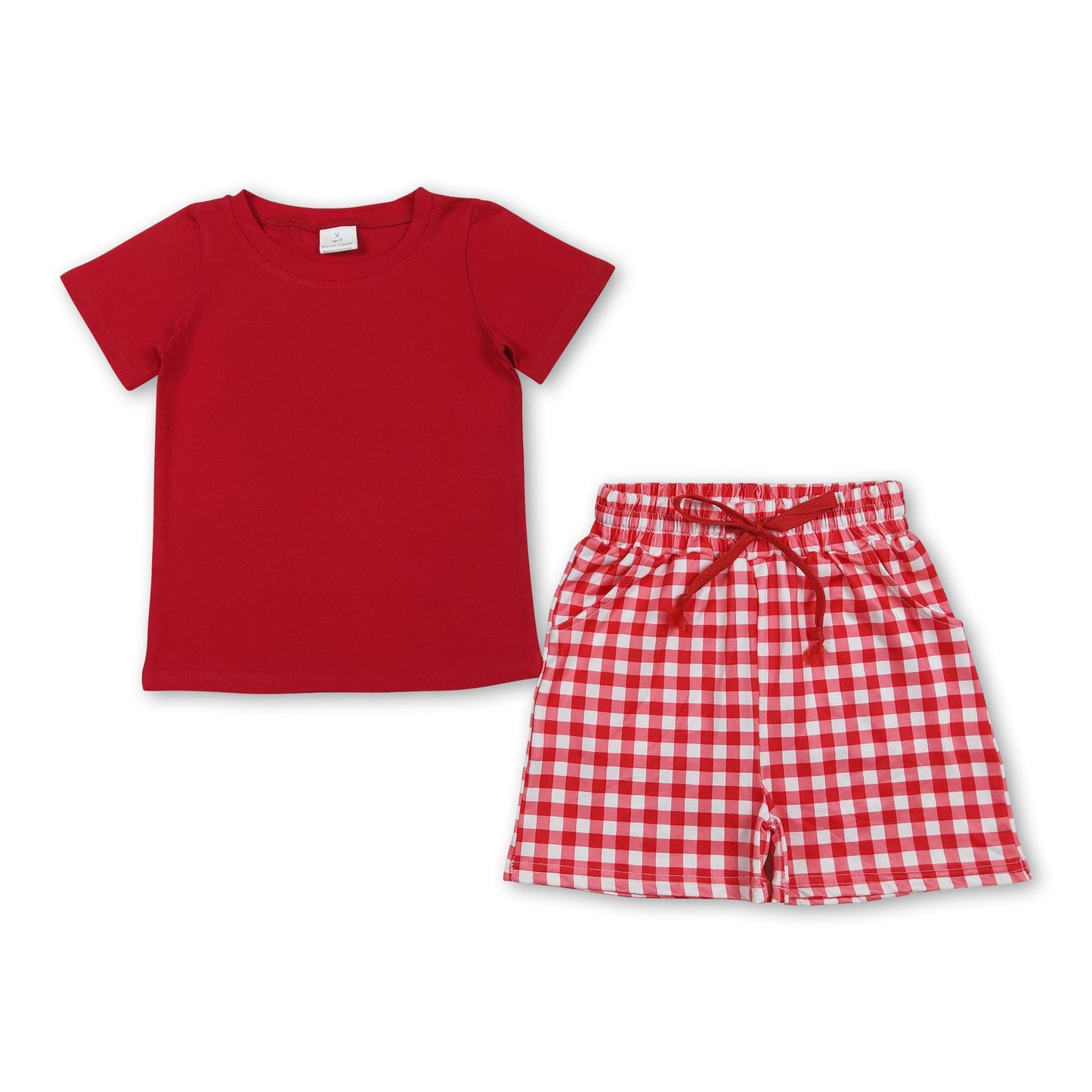 Short sleeves red top plaid shorts boys summer outfits