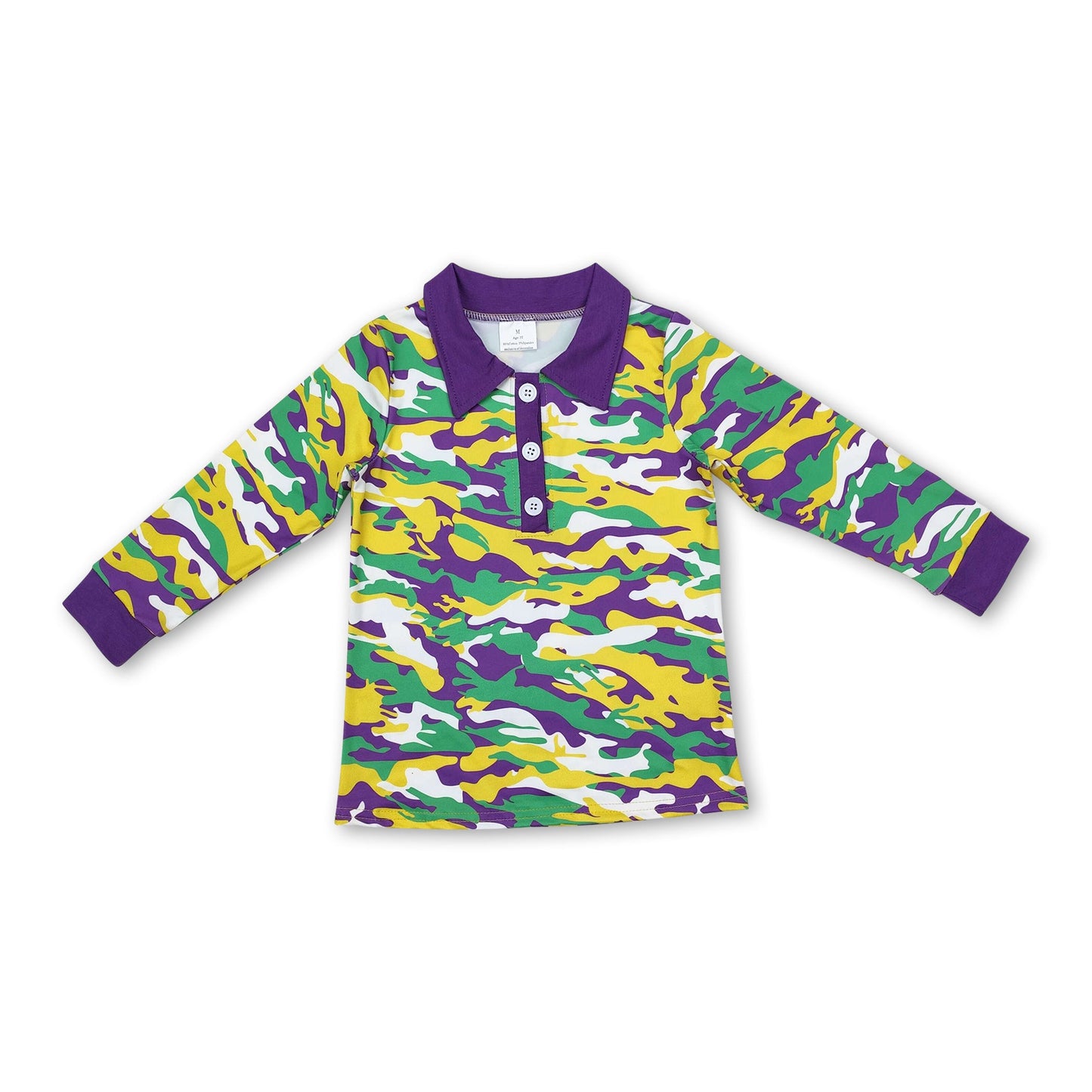 Purple yellow green camo kids boys Mardi Gras polo shirt