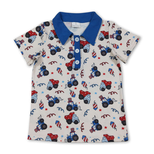 Blue short sleeves tractor kids boys 4th of july polo shirt