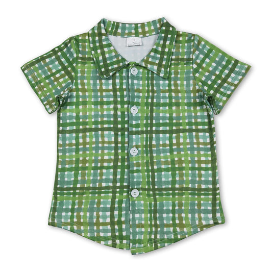 Short sleeves green plaid kids boys St Patrick's button down shirt