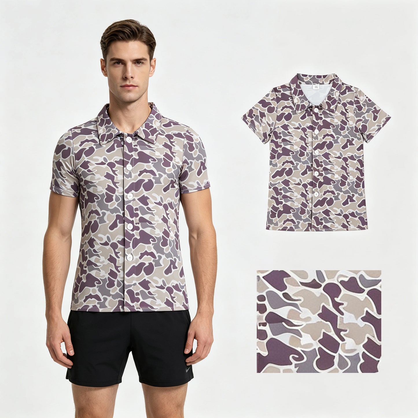 Short sleeves camo adult men button down top