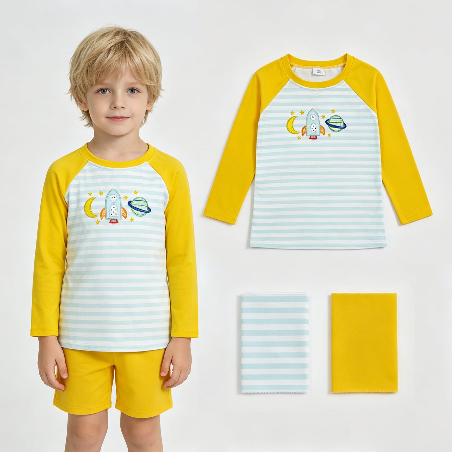 Long sleeves stripe moon rocket embroidery boys shirt