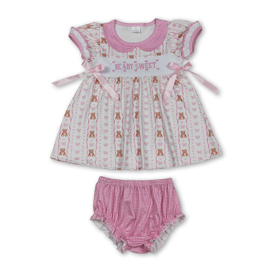 Sleeveless bear bow sweet baby girls  bummies set