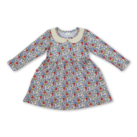 Long sleeves blue floral baby girls dresses