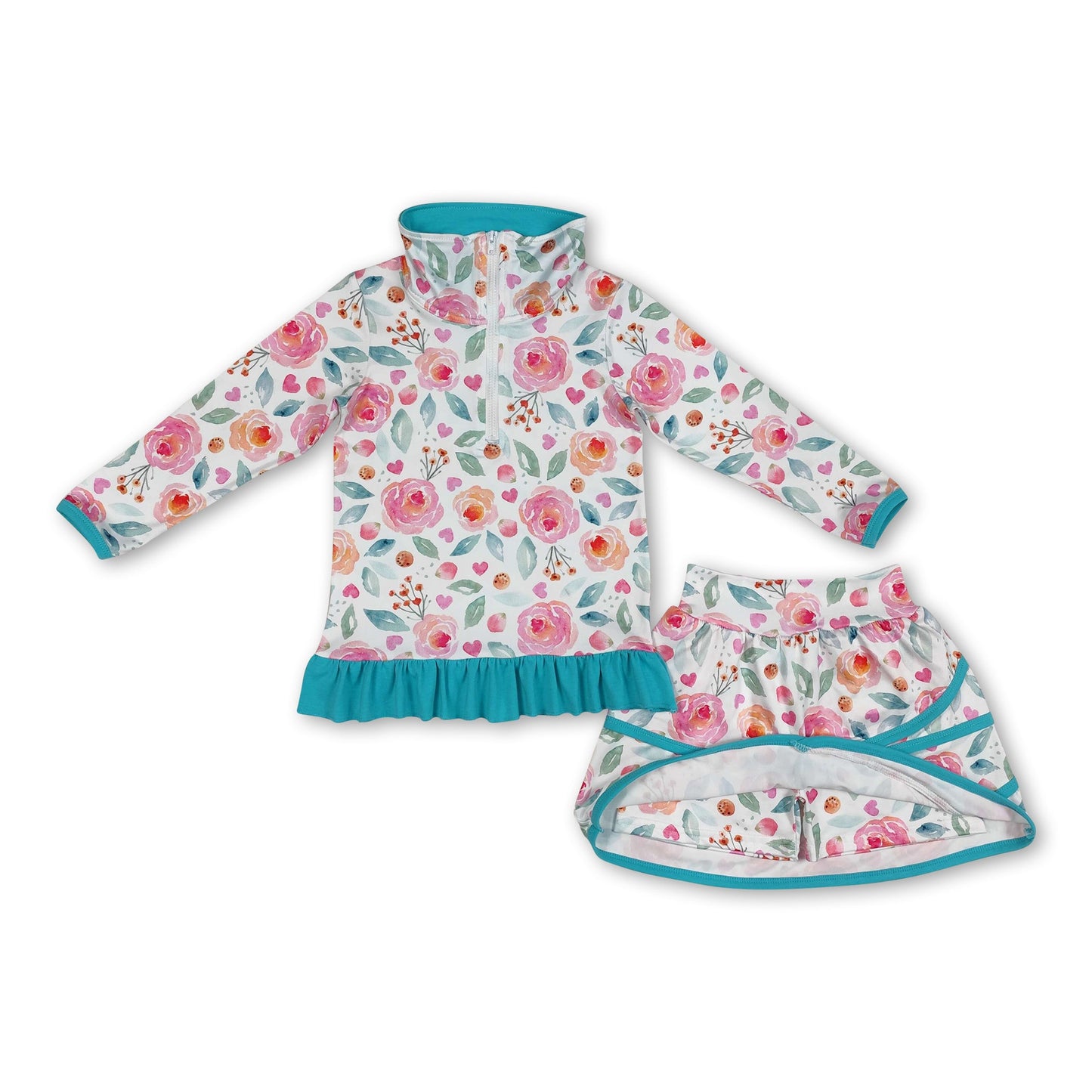 Aqua ruffle floral pullover skirt kids girls clothing set