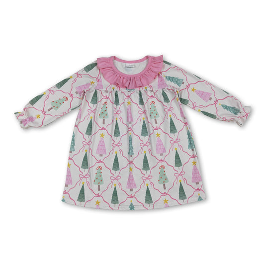 Pink ruffle long sleeves Christmas trees bow girls dress