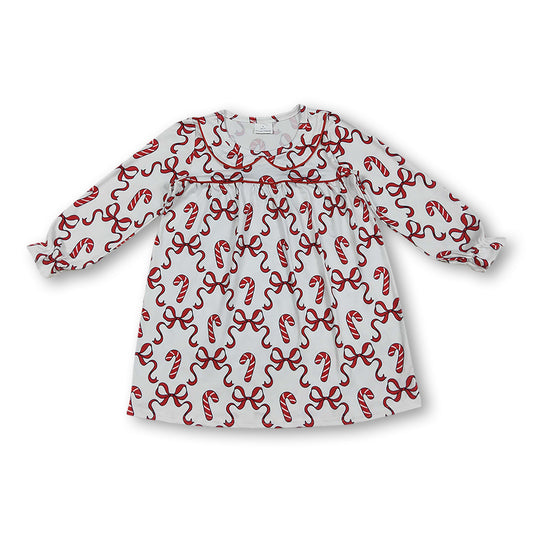 Long sleeves red bow candy cane girls Christmas dresses