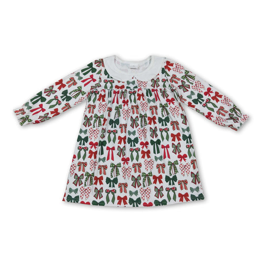 Long sleeves red green bows kids girls Christmas dresses