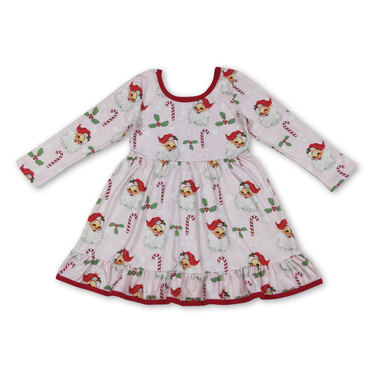 Long sleeves santa candy cane ruffle girls Christmas dresses
