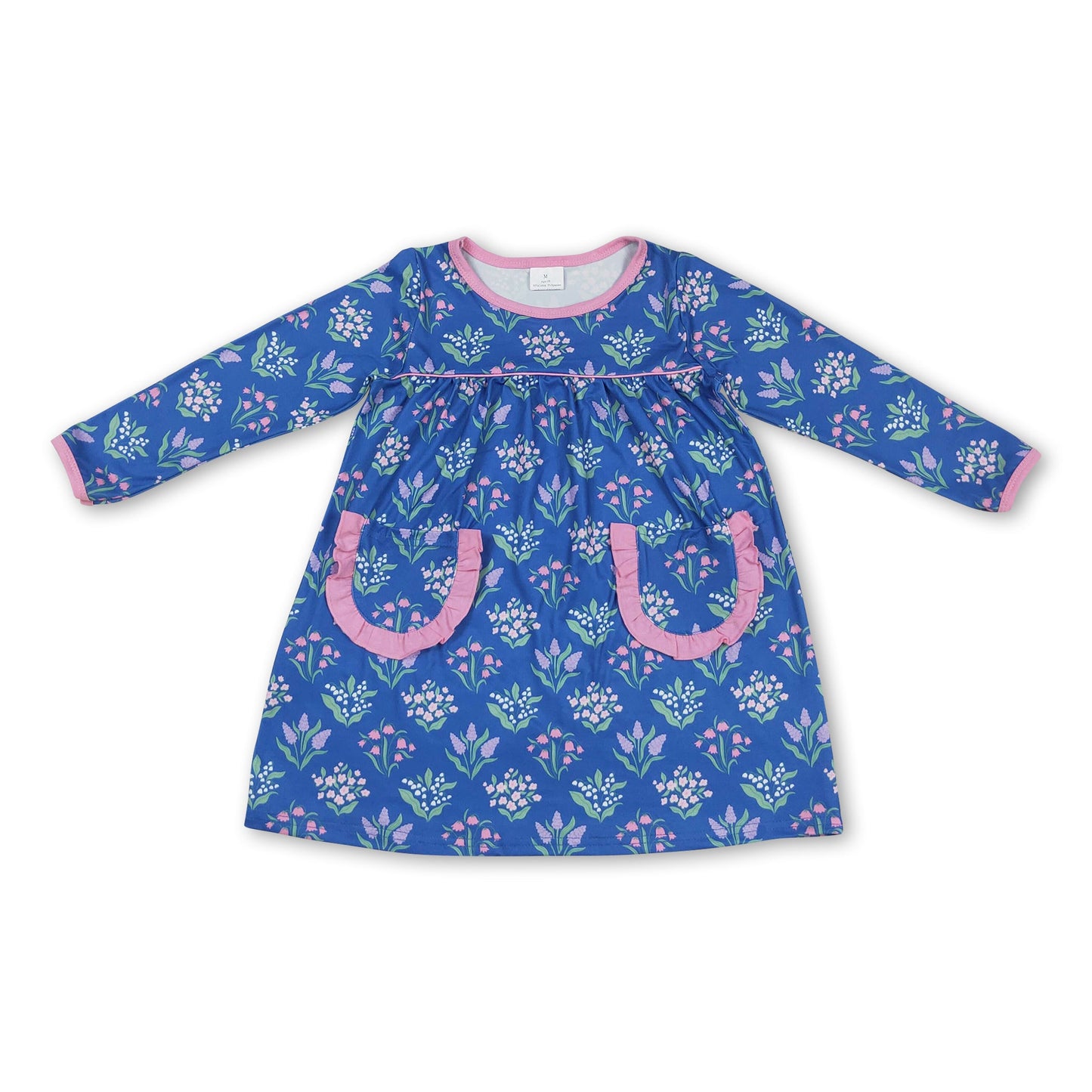 Long sleeves blue floral pockets baby girls dresses