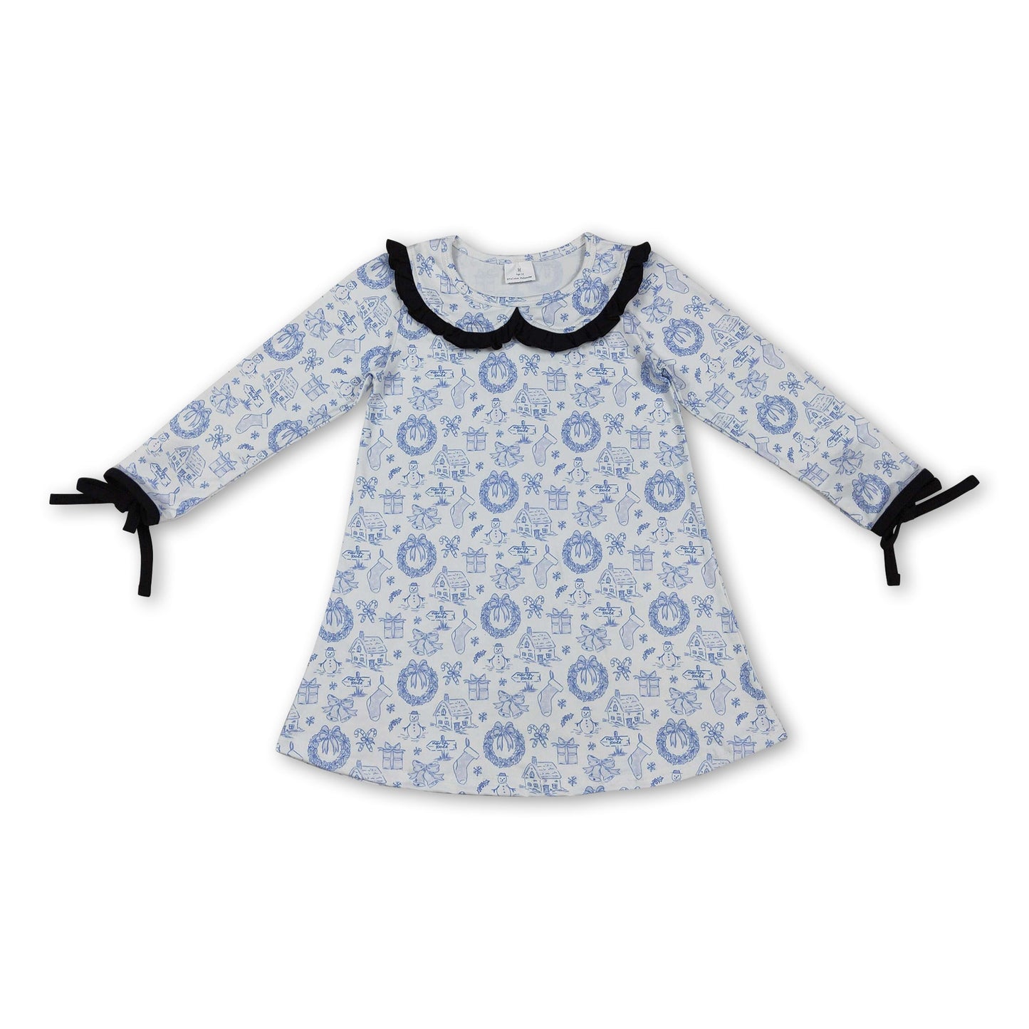 blue Christmas house kids girls long sleeve dresses